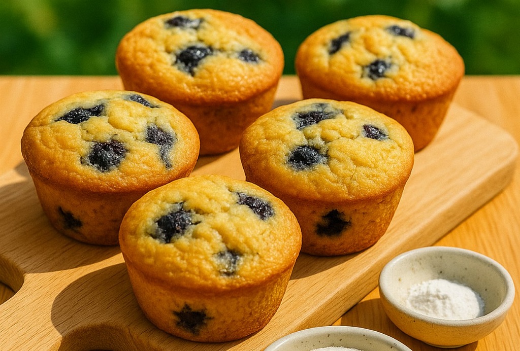 Homemade blueberry muffins with fresh ingredients on a wooden table