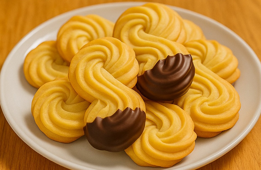Golden butter cookies arranged on a white plate with chocolate dipped ends