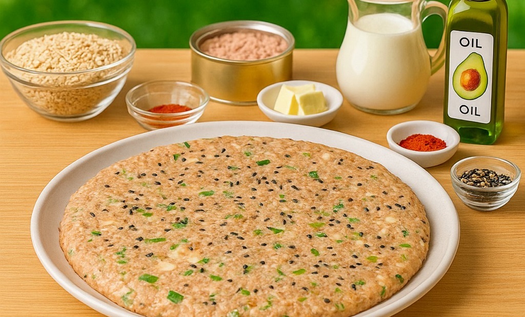 Savory Oatmeal Breakfast Flatbread with Tuna and Mozzarella