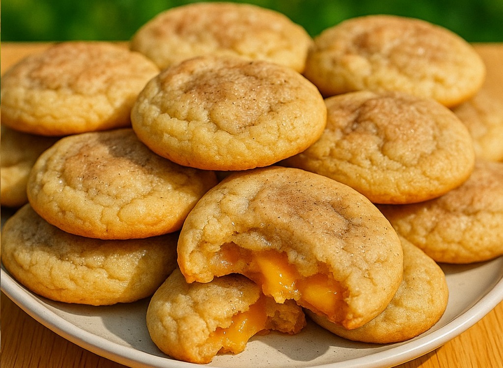Stack of peach cobbler cookies with gooey peach center