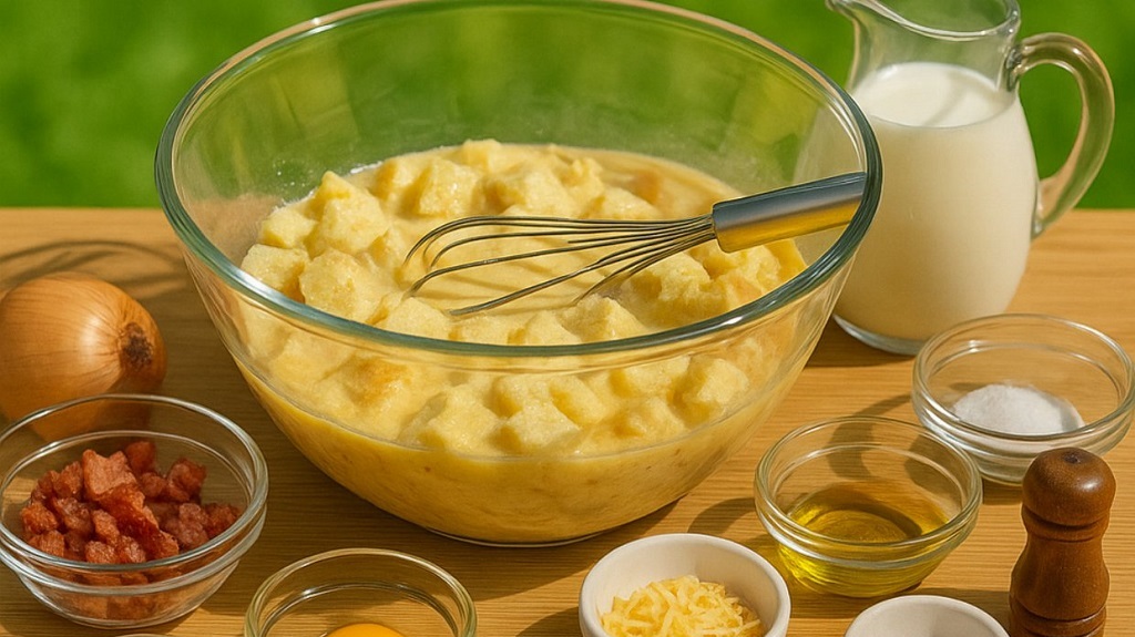 Cheesy Egg And Bread Bake With Beef Cubes Casserole