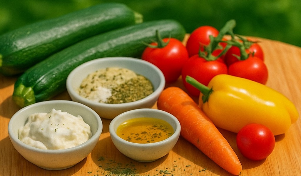 Baked zucchini rolls with ricotta and vegetables on a white plate