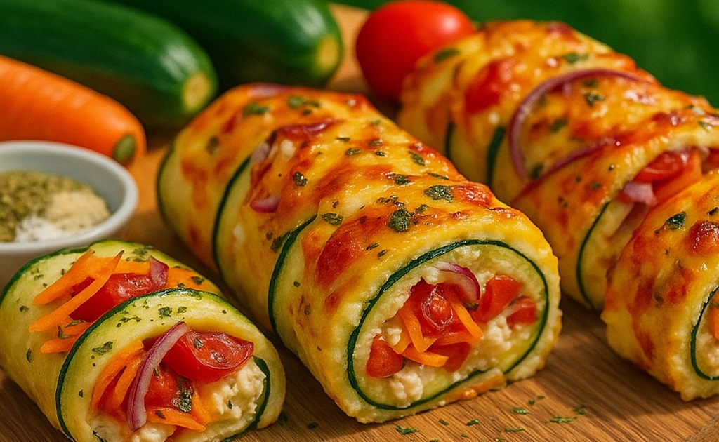 Baked zucchini rolls with ricotta and vegetables on a white plate