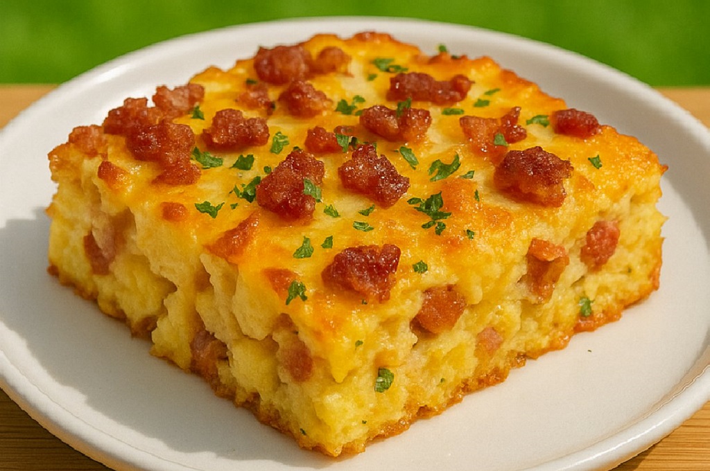 Cheesy Egg And Bread Bake With Beef Cubes Casserole