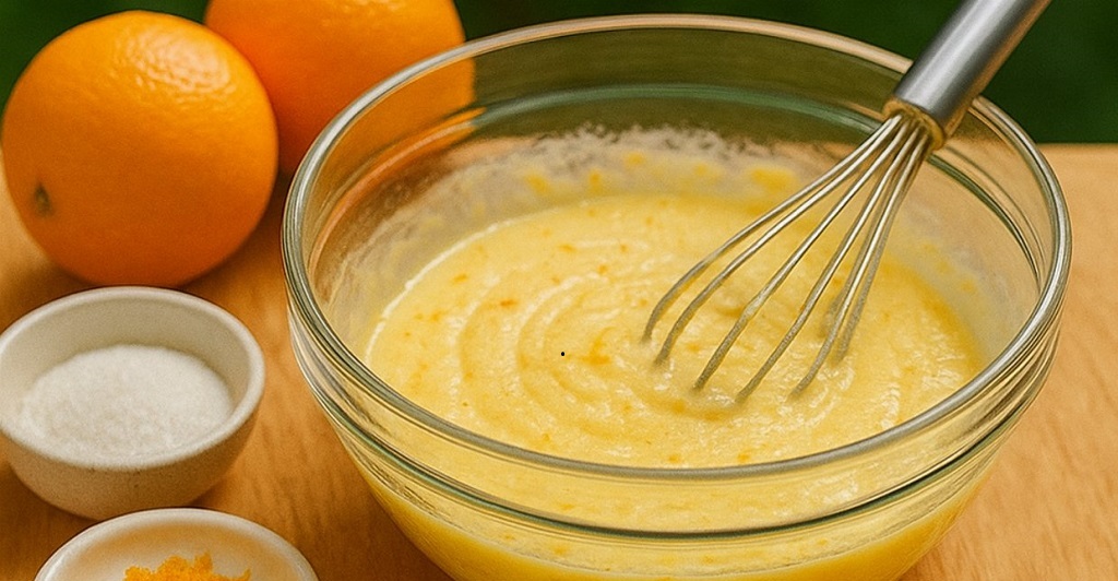 Moist orange cake sliced on a white plate with zest and glaze on top