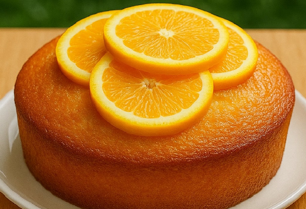 Moist orange cake sliced on a white plate with zest and glaze on top