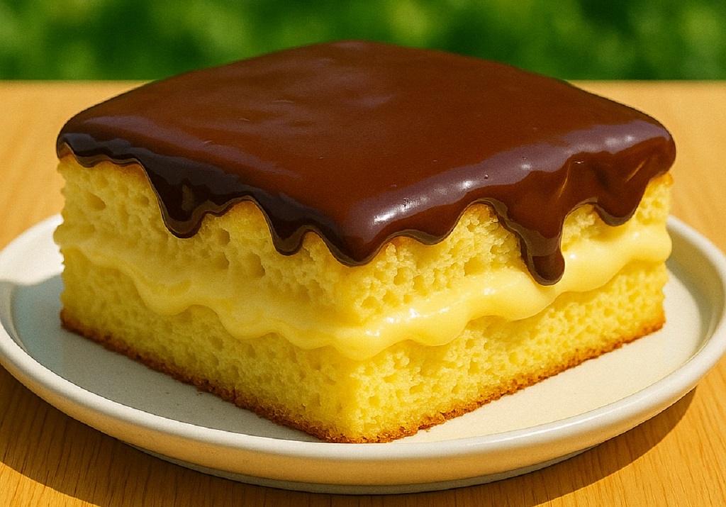 Boston cream poke cake with pudding filling and chocolate ganache topping