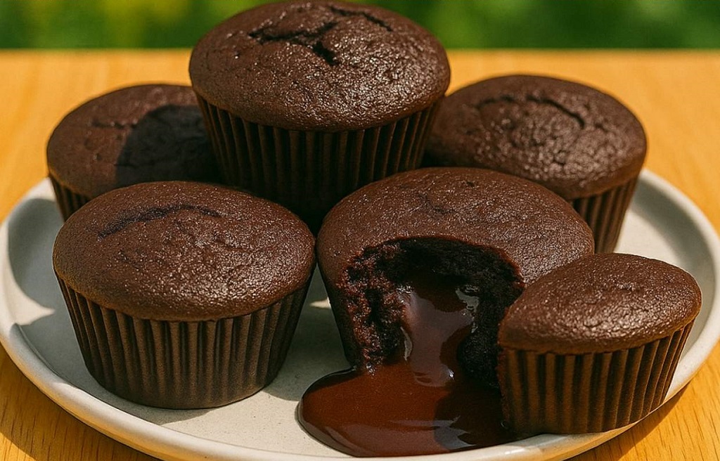 Molten chocolate lava cake with gooey center on white plate
