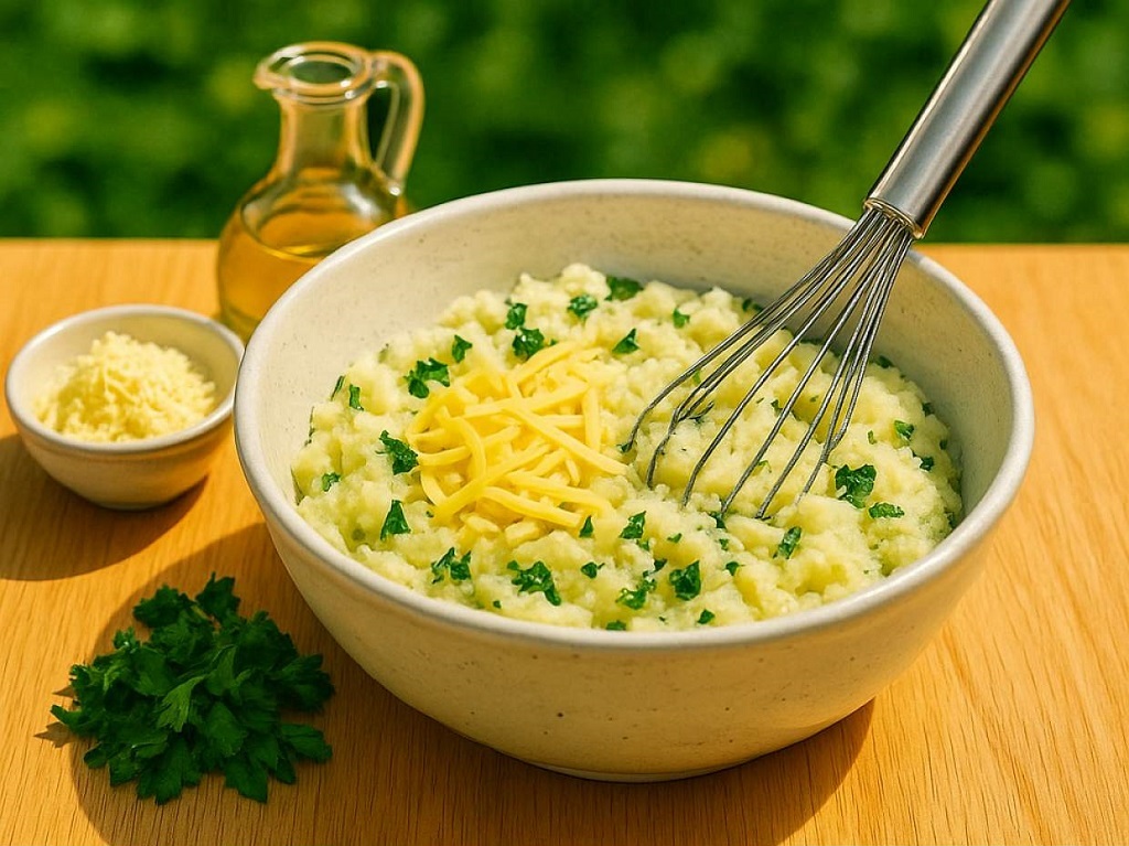 Crispy cheesy mashed potato waffles stacked on a plate with fresh herbs