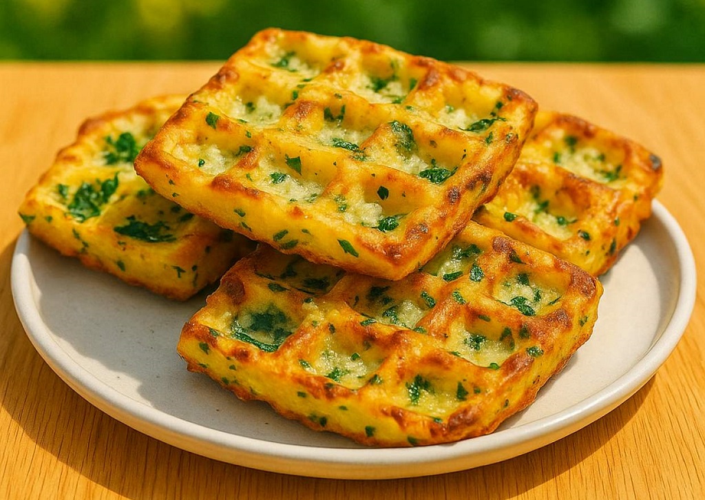 Crispy cheesy mashed potato waffles stacked on a plate with fresh herbs