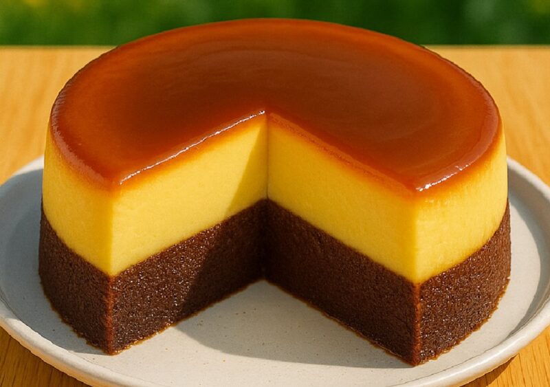 Slice of Chocoflan showing creamy flan and chocolate cake layers with caramel topping