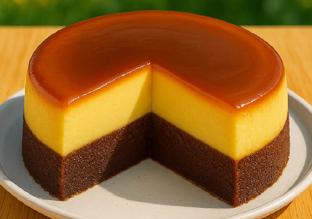 Slice of Chocoflan showing creamy flan and chocolate cake layers with caramel topping