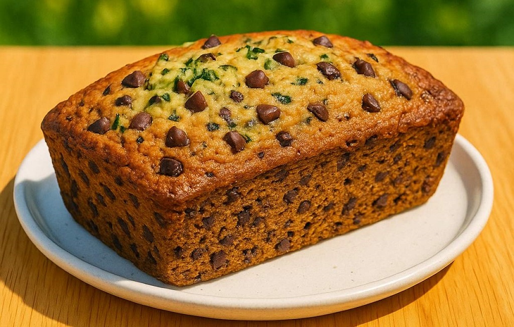Chocolate chip zucchini bread loaf with moist crumb and chocolate chips on top