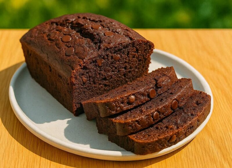 Chocolate zucchini loaf cake with grated zucchini and chocolate chips
