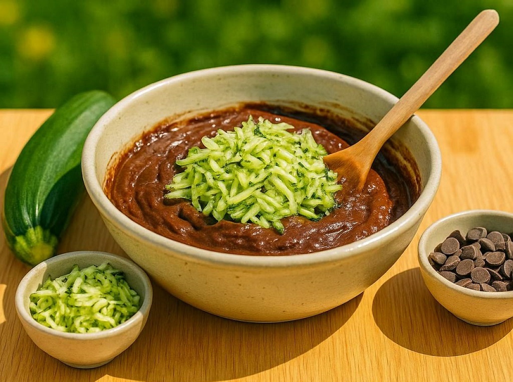 Chocolate zucchini loaf cake with grated zucchini and chocolate chips