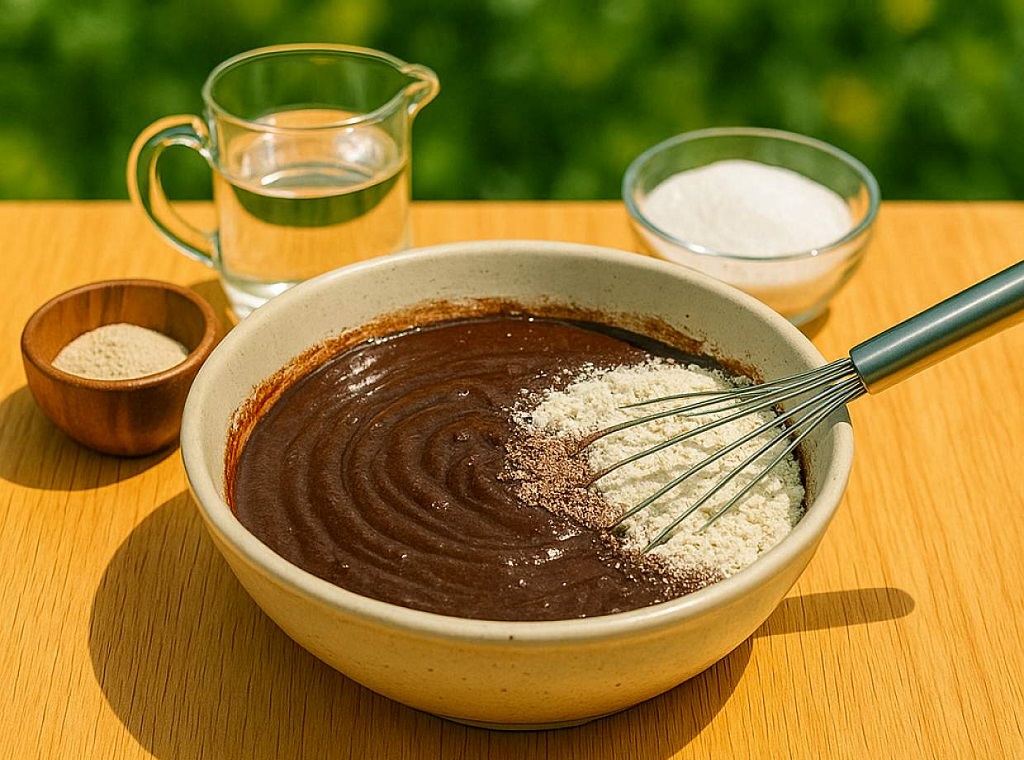 Moist eggless chocolate cake slice on a white plate with glossy finish