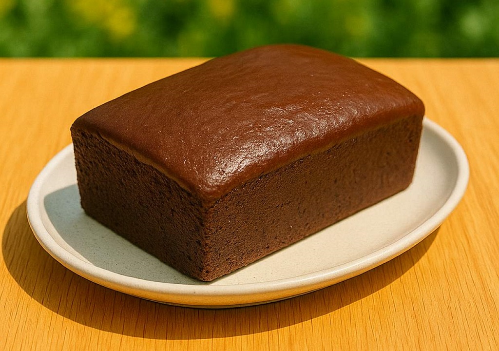 Moist eggless chocolate cake slice on a white plate with glossy finish