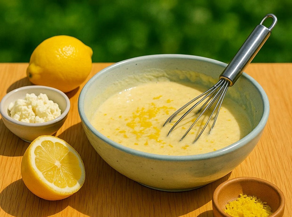 Fluffy lemon ricotta pancakes stacked with syrup and lemon slices