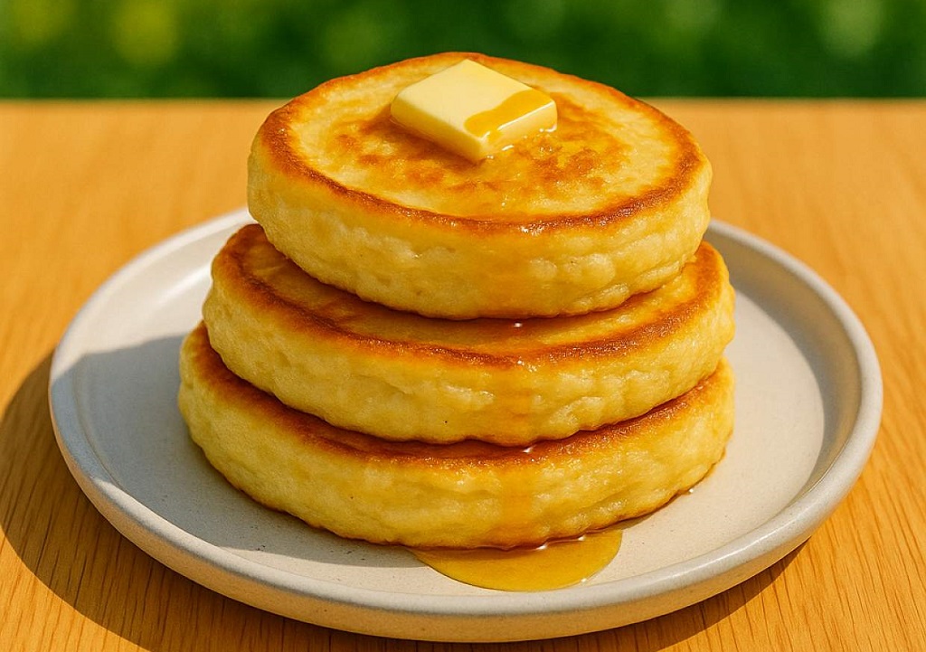 Fluffy lemon ricotta pancakes stacked with syrup and lemon slices