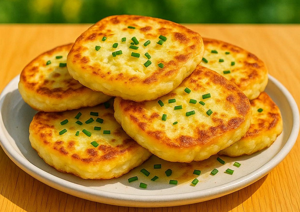 Golden mashed potato pancakes served on a white plate