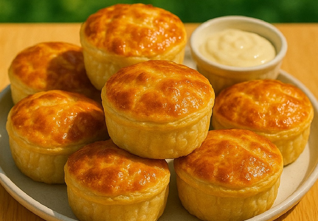 Mini chicken pot pies with golden crust in muffin tin