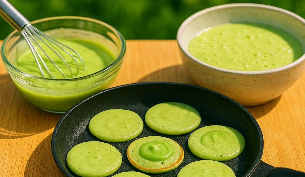 Green pandan mini pancakes being cooked and stacked with custard filling