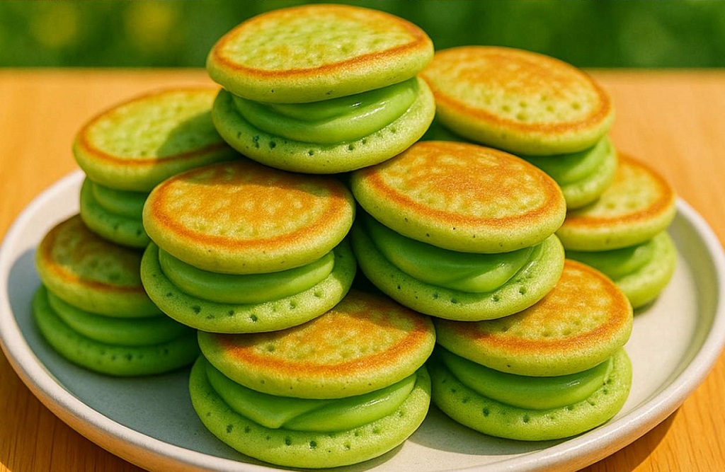 Green pandan mini pancakes being cooked and stacked with custard filling