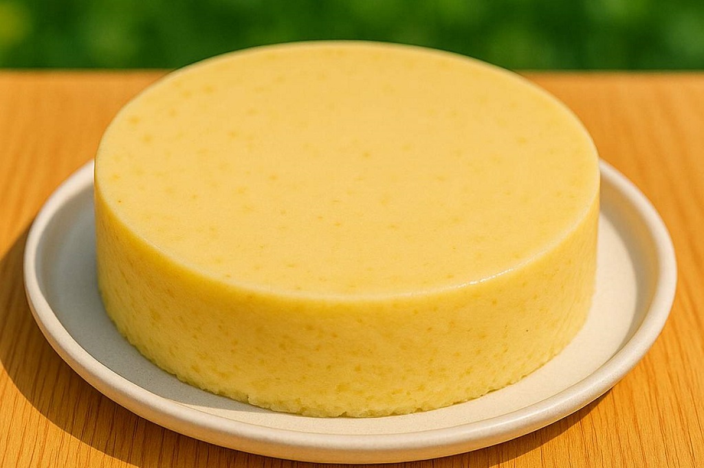Creamy no bake banana cake with smooth golden top on white plate