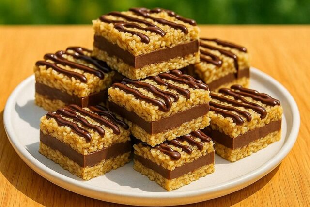 No-bake chocolate oat bars with chocolate drizzle stacked