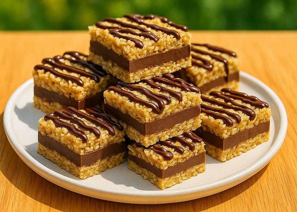 No-bake chocolate oat bars with chocolate drizzle stacked