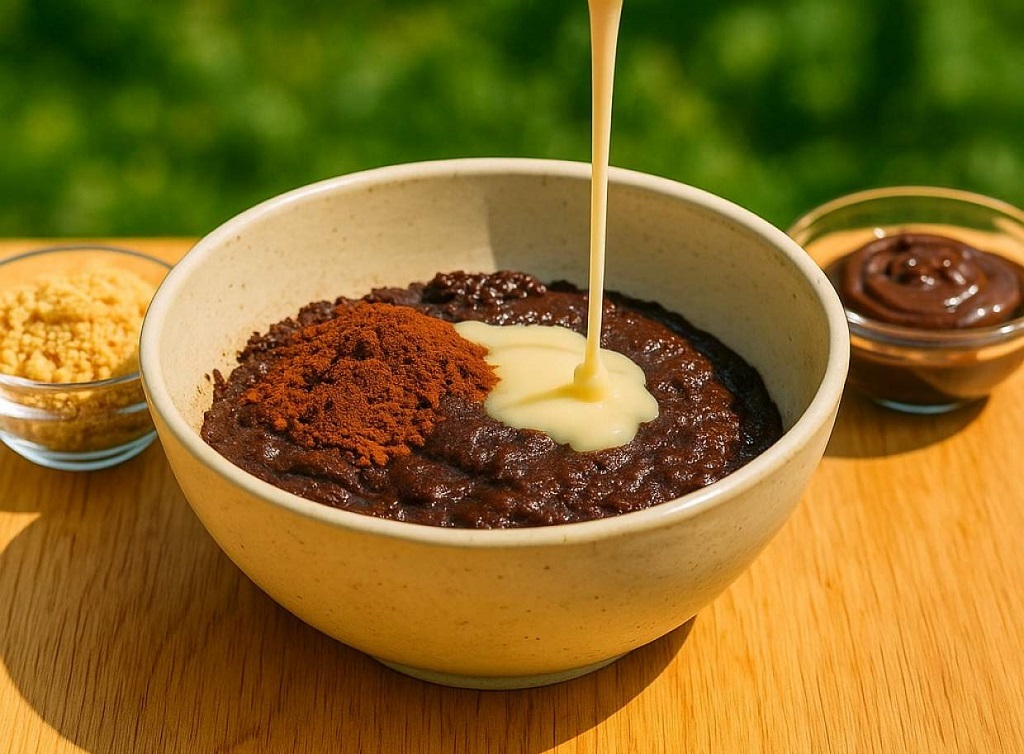Gooey no bake chocolate fudge balls with soft cocoa dusting on a white plate
