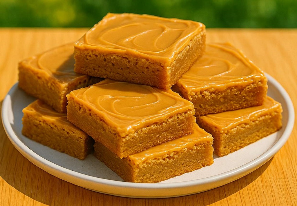 Soft peanut butter cookie bars with frosting on top