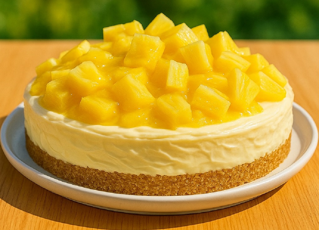 No bake pineapple cheesecake with golden topping on graham crust