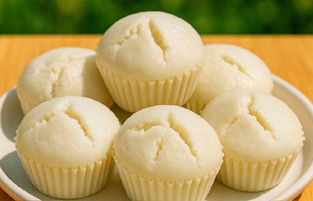 Bowl of puto batter with whisk and plate of fluffy steamed rice cakes