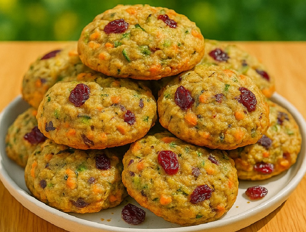 Healthy zucchini cookies with oats, carrots, and cranberries stacked on a plate