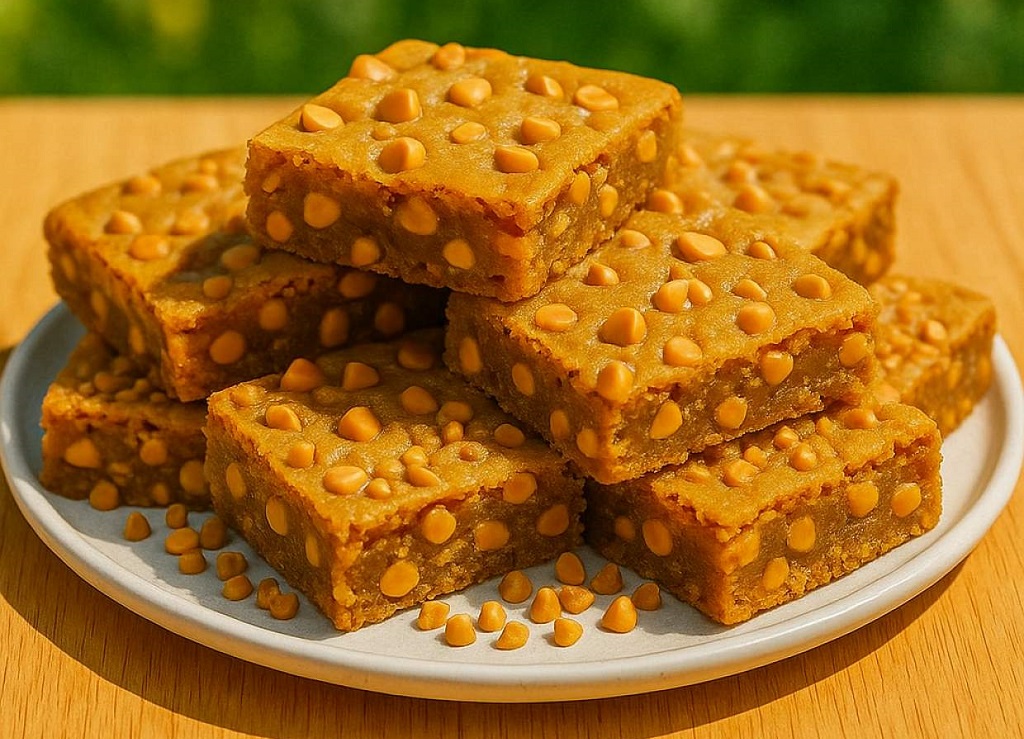 Chewy butterscotch toffee cookie bars stacked with golden edges and melty chips