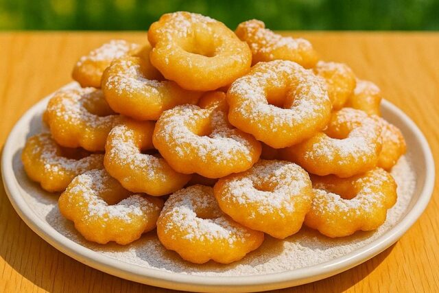 Homemade funnel cake bites dusted with powdered sugar