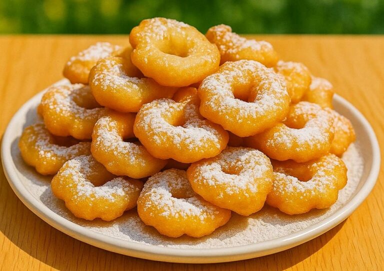 Homemade funnel cake bites dusted with powdered sugar
