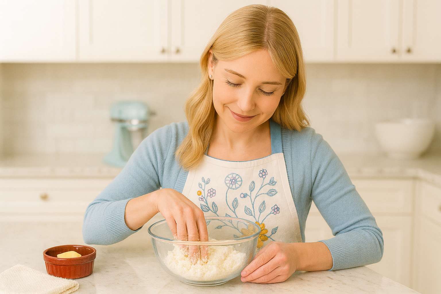 Aveline Sinclair preparing biscuit dough in a mixing bowl in her kitchen.