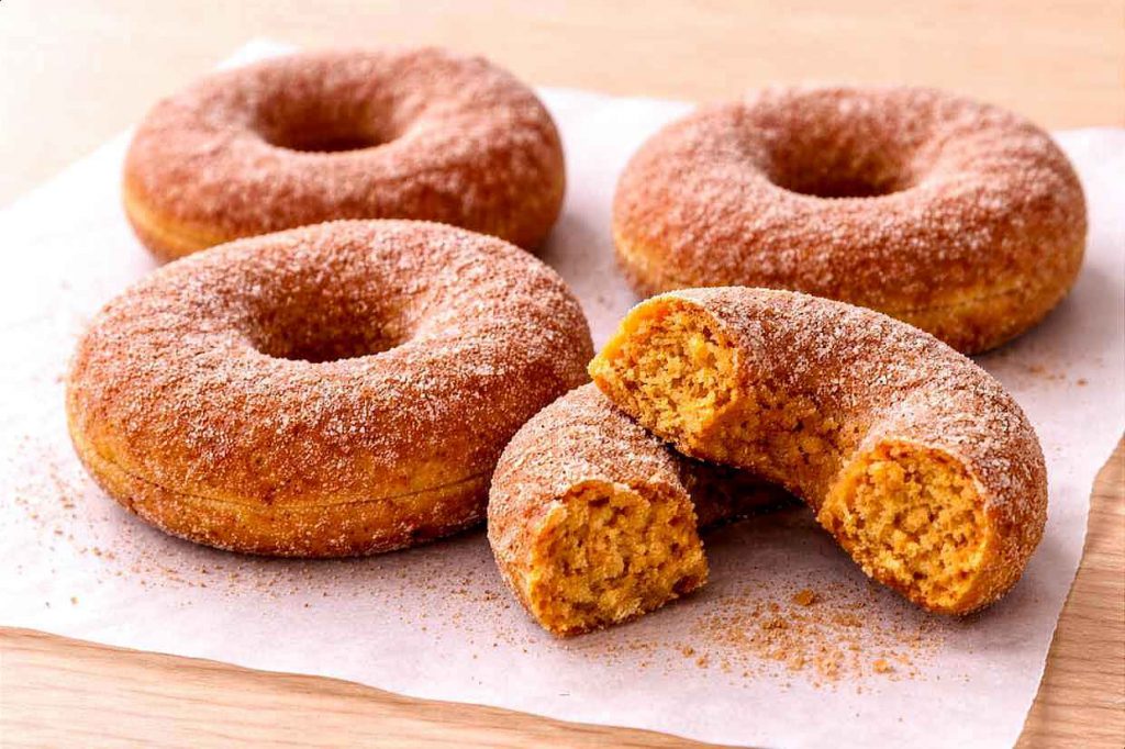 Four baked pumpkin donuts generously coated in cinnamon sugar on parchment paper showing the deep orange color with one broken open revealing the soft cakey interior