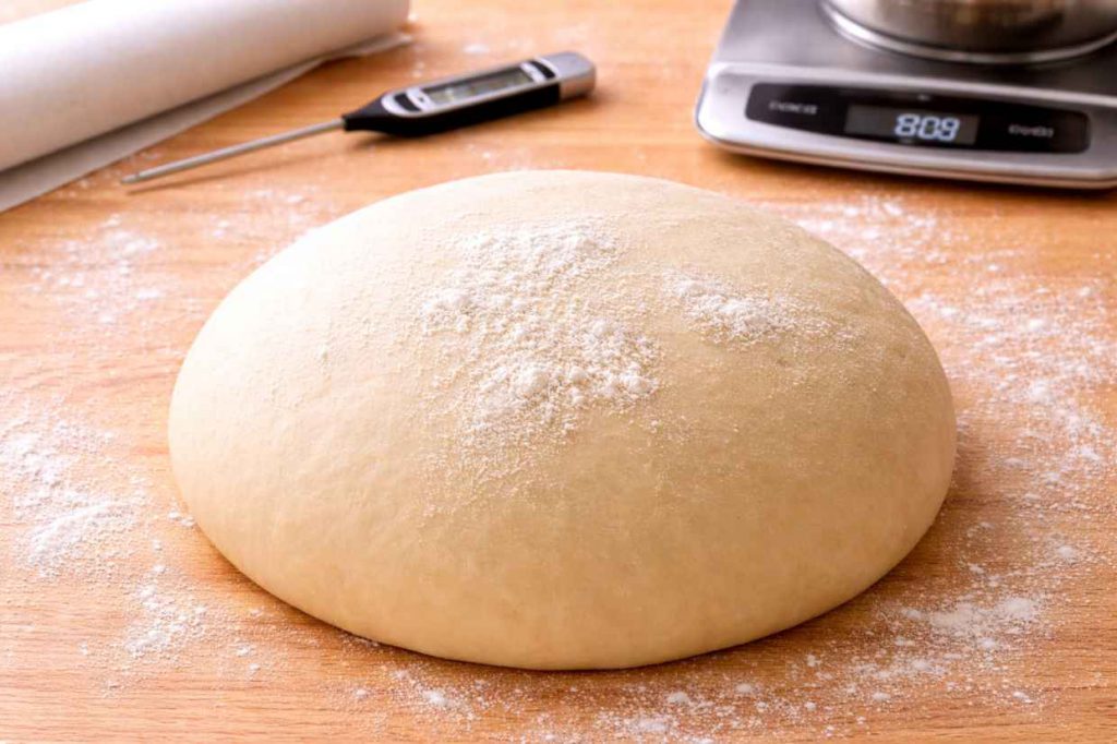 Bread dough being kneaded on a floured wooden surface beside a kitchen scale a thermometer and parchment paper showing essential baking tools