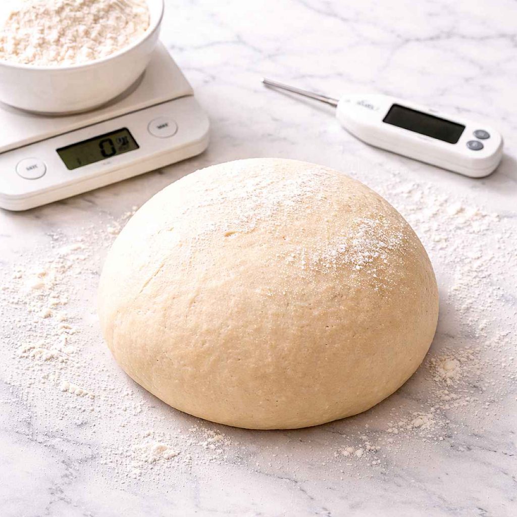 Bread dough on a white marble surface beside a kitchen scale showing a gram reading and a digital thermometer demonstrating essential baking technique tools
