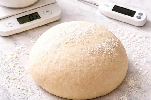Bread dough on a white marble surface beside a kitchen scale showing a gram reading and a digital thermometer demonstrating essential baking technique tools