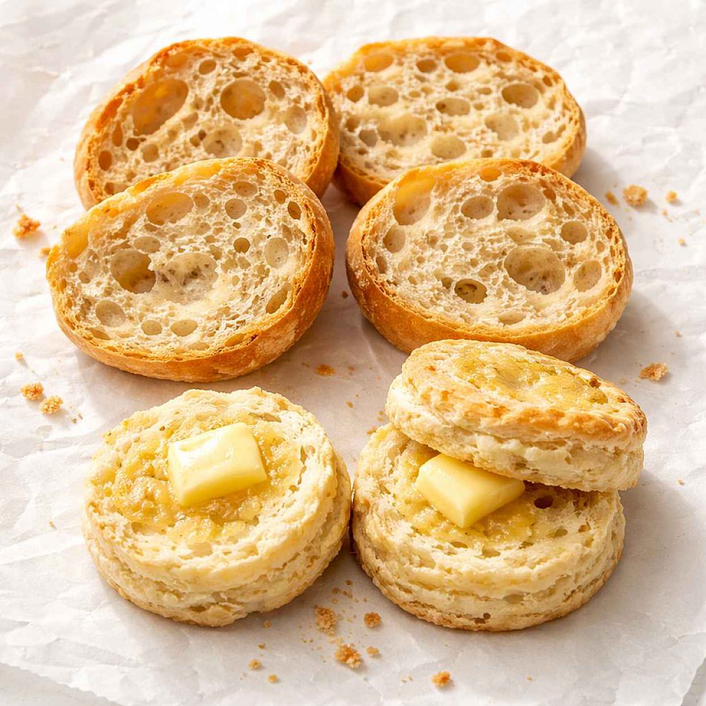 Golden homemade bread rolls sliced open on parchment paper showing the soft open crumb interior beside two flaky buttermilk biscuits split open with butter
