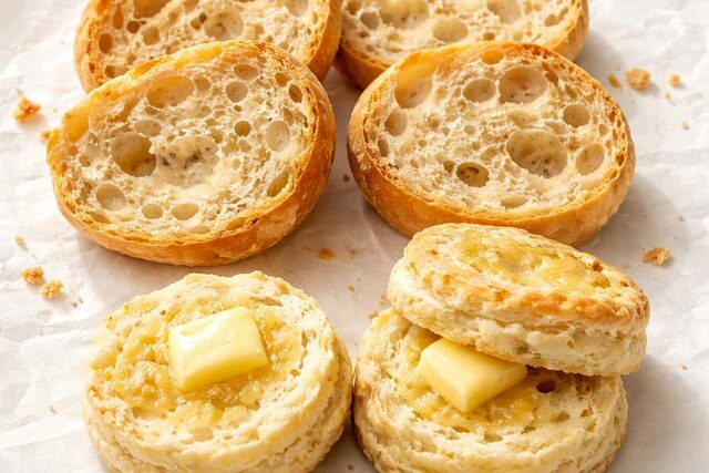 Golden homemade bread rolls sliced open on parchment paper showing the soft open crumb interior beside two flaky buttermilk biscuits split open with butter