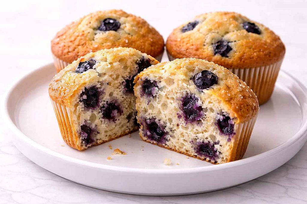 Three homemade blueberry muffins on a white ceramic plate, one split open showing soft crumb with juicy blueberries throughout and a high golden dome on top