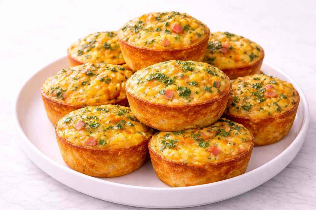 Six breakfast egg muffins in a muffin tin showing golden tops and one cut open on a white plate revealing the set egg and vegetable filling inside