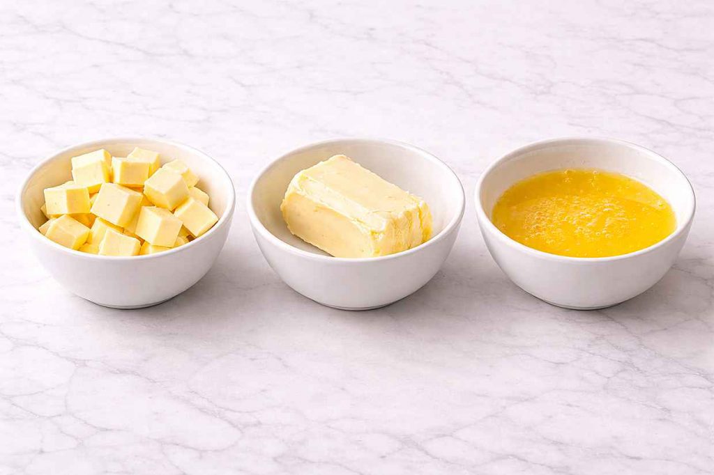 Three stages of butter temperature side by side, cold cubed butter, room temperature softened butter, and melted butter in a bowl on a white surface