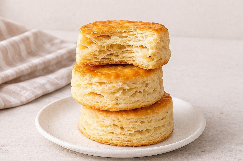 Stack of three flaky golden buttermilk biscuits on a white ceramic plate with visible layers
