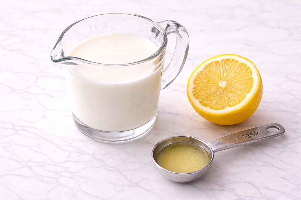 Small glass jug of whole milk beside a halved lemon and a tablespoon on a white ceramic surface showing the buttermilk substitute method